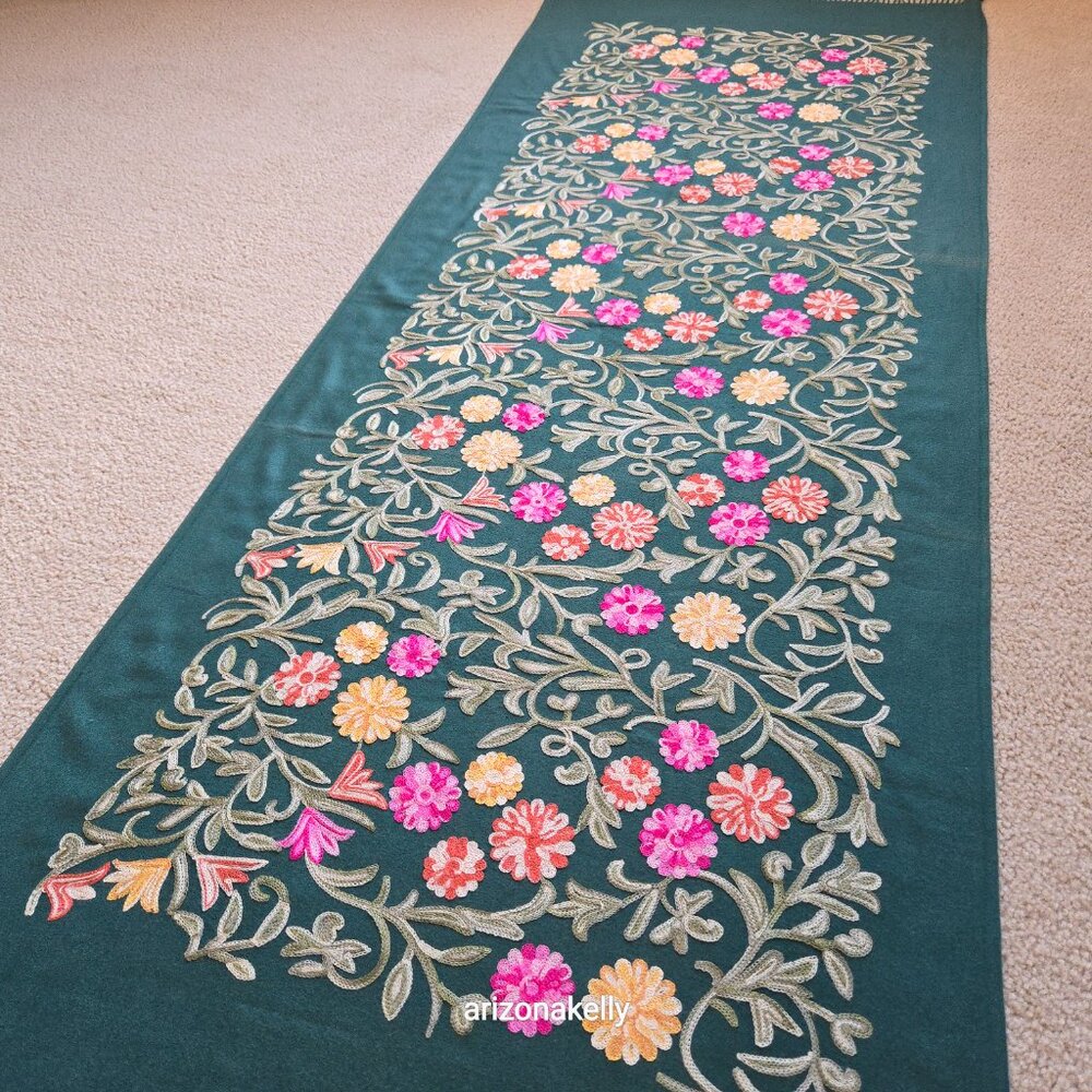 Green "Cashmere" Scarf with Chain Stitch Embroidery Flowers and Leaves - Picture 6 of 16